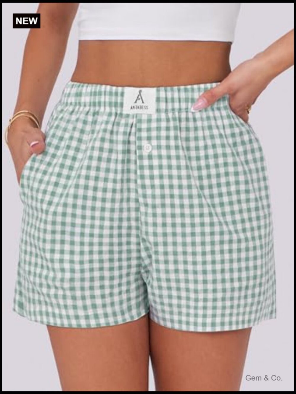 Gingham Plaid Boxer Shorts with Pockets, High Rise, Relaxed Fit - Picture 5 of 7